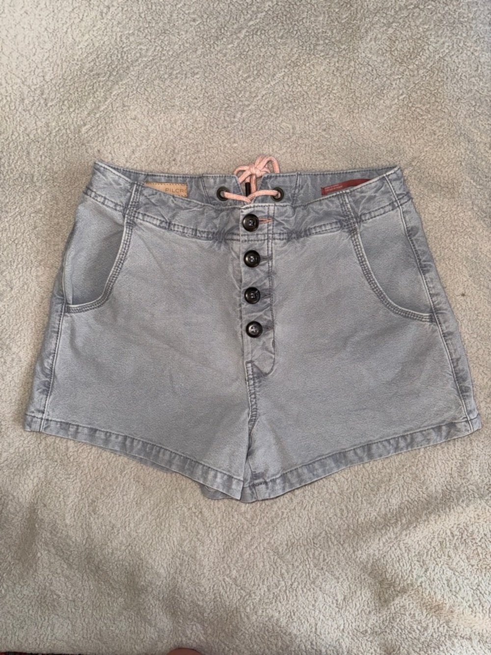 Anthropologie Pilcro High-Waist Button Front Shorts in Light Gray with Pink Tie